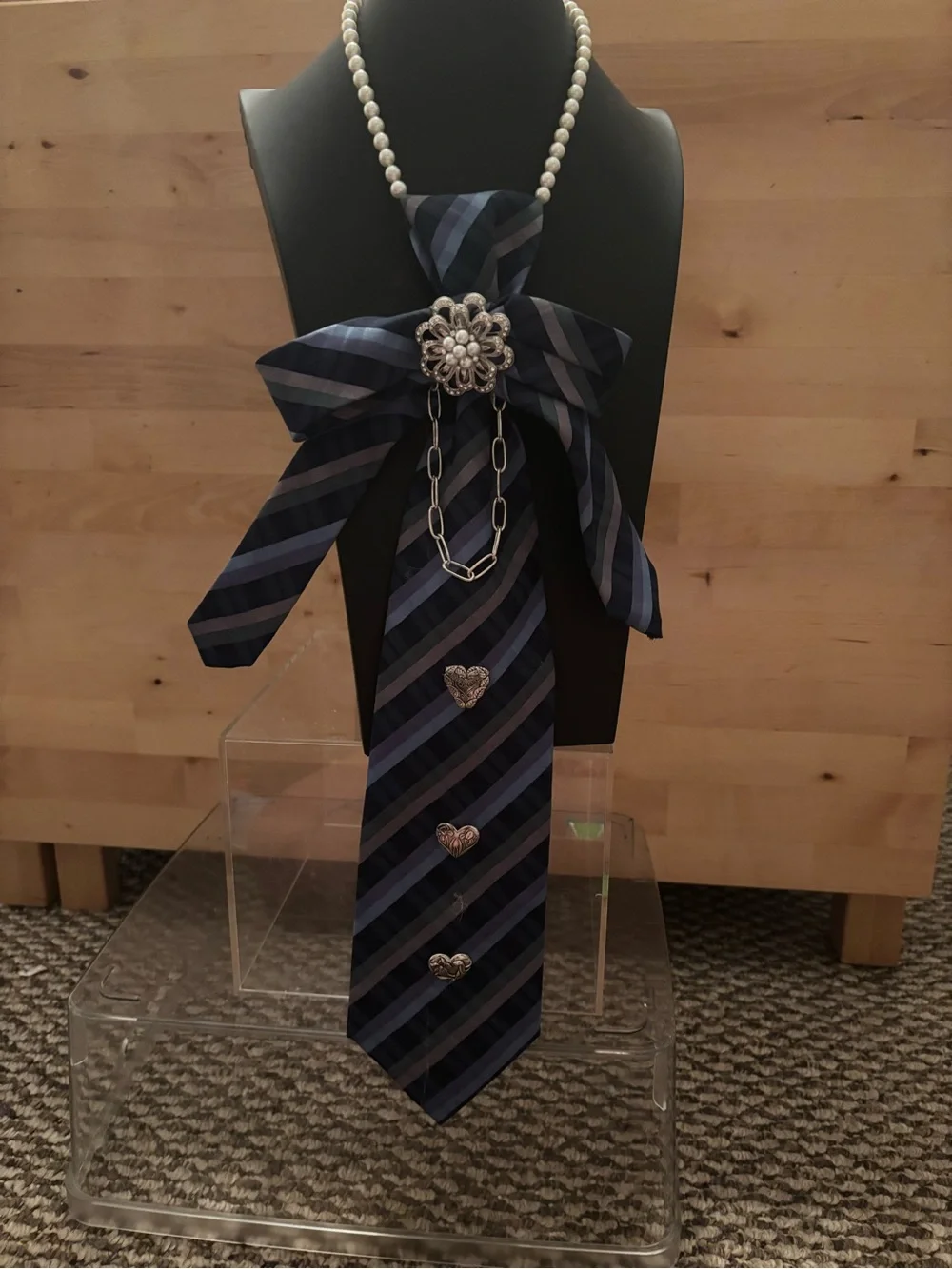 Navy and Light Blue Striped Women’s Tie Necklace with Pearl Chain
